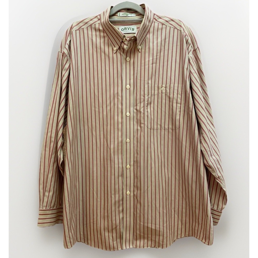 Vintage Orvis Men's XXL Button Down Shirt Striped Tan Mauve Sage 90s Preppy